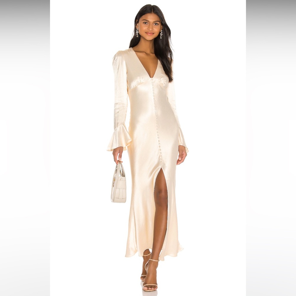 Shona Joy Frill Cuff Bias Midi Dress in Cream in size 8. NWT.